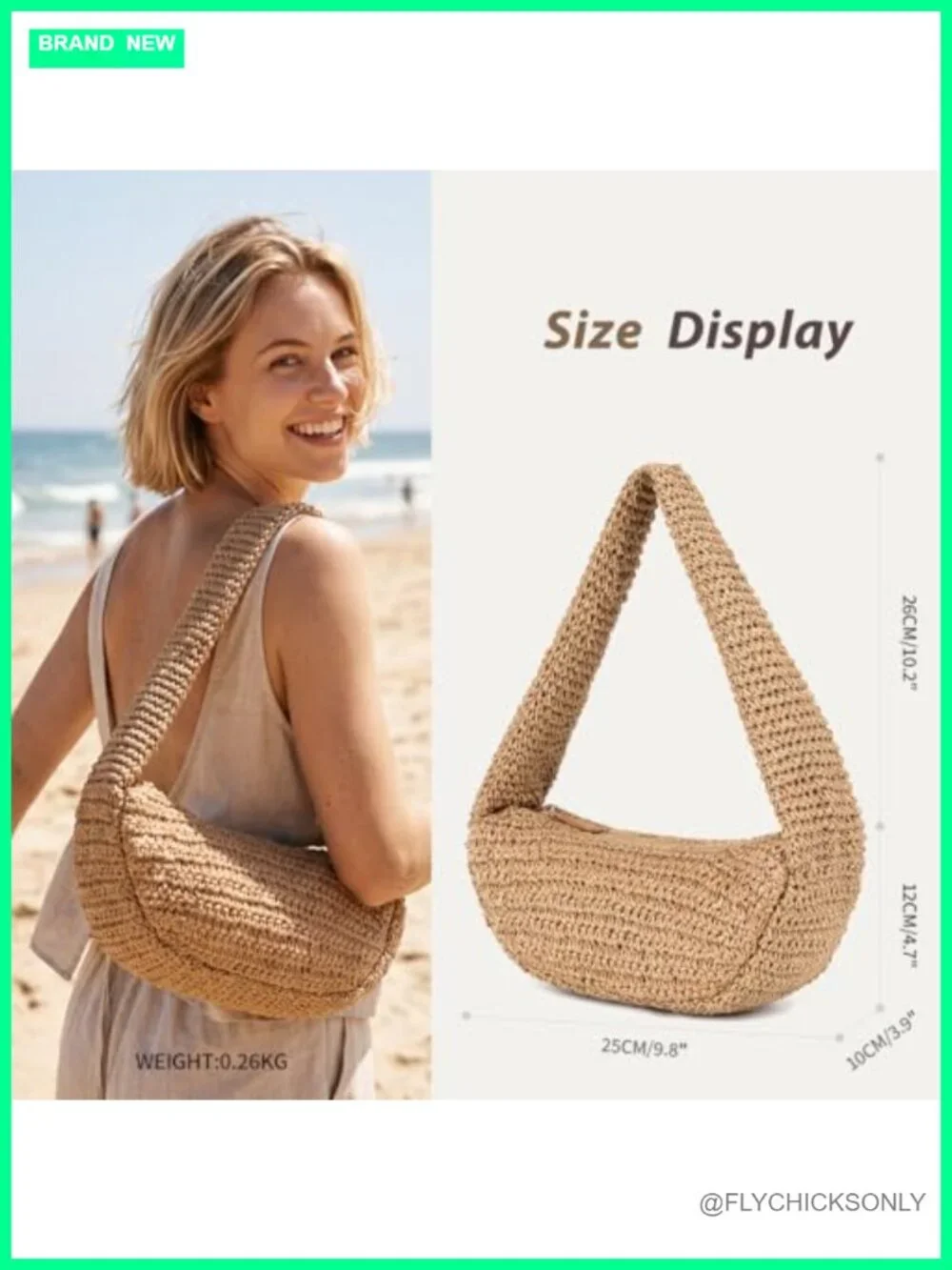 Crochet Straw Summer Beach Bag Woven Hobo Shoulder Bag Tote Purse with Zipper